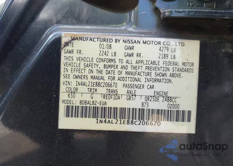 2008 Nissan Altima 2.5 S из США, поврежденный, VIN 1N4AL21E88C206670